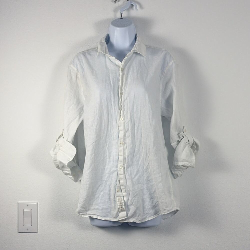 Perry Ellis women M White Solid Linen Blend Point Collar Button-Up Long Sleeve